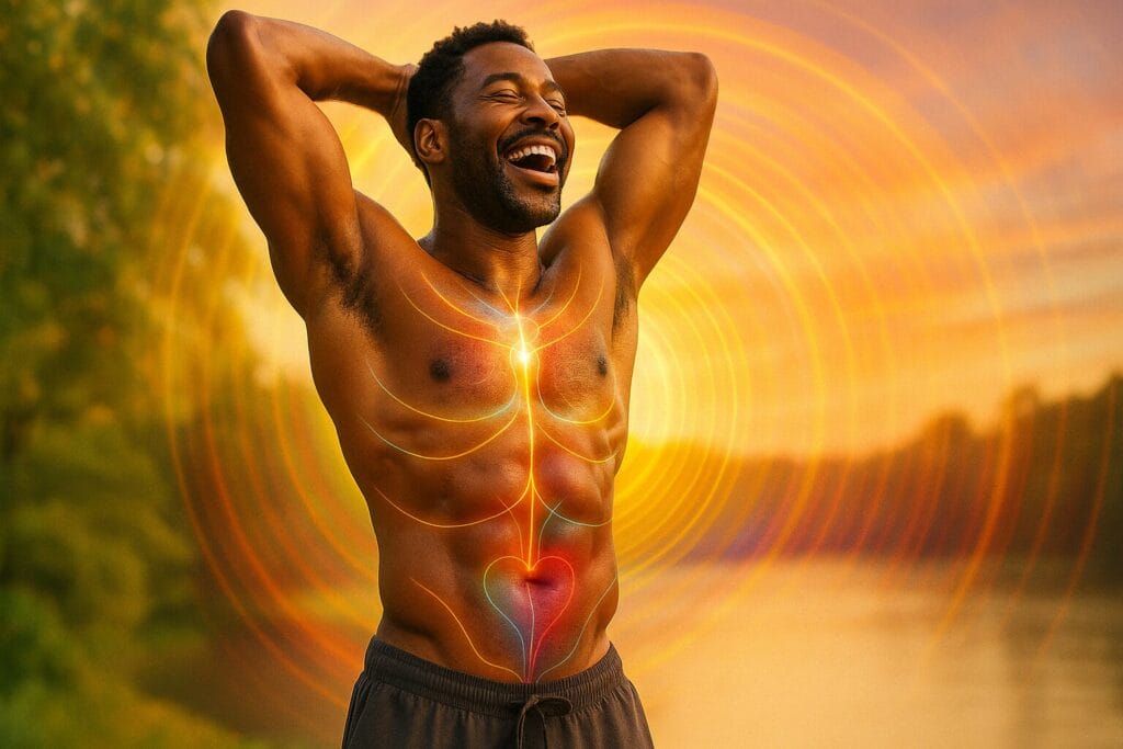 A joyful, shirtless Black man standing in nature with radiant energy waves emanating from his chest and pelvis, symbolizing masculine vitality, emotional strength, and sexual wellness for Men’s Health Month 2025.
